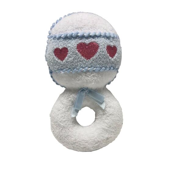 Vintage EDEN rattle White Blue Pink Hearts terry cloth plush Stuffed - Picture 1 of 4